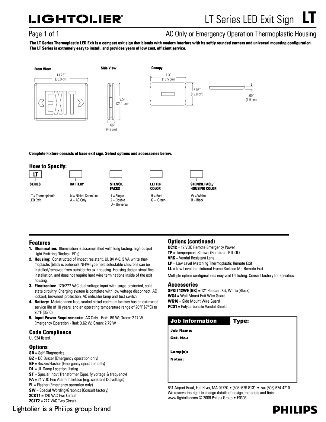 Lightolier LT Series manual LT Series LED Exit SignLT, Page 1 of, Lightolier is a Philips group brand, How to Specify LT 